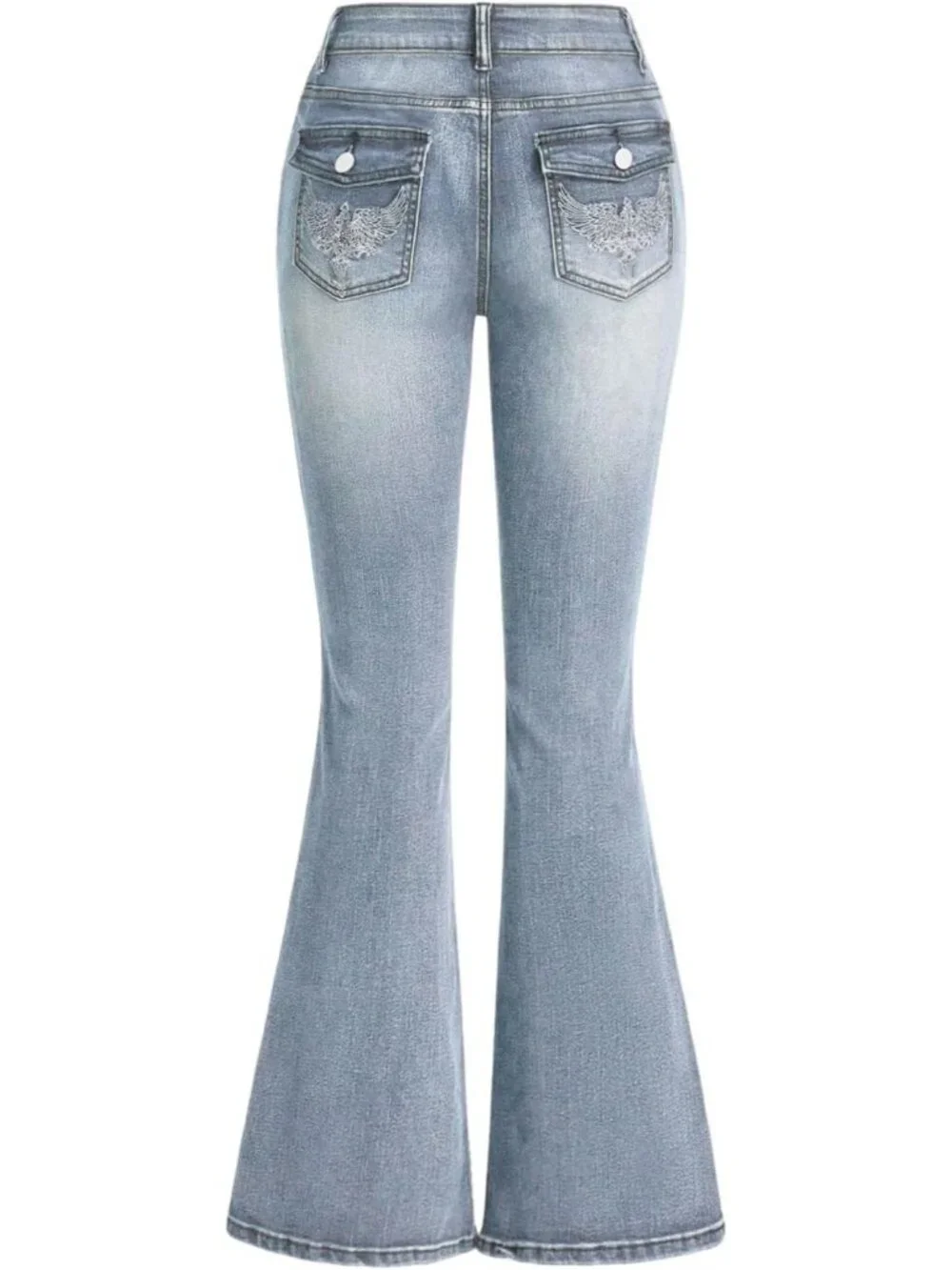 Women's Light Blue Denim Pull On Y2k Goth High Waist Mid Rise Bell Bottom Jeans